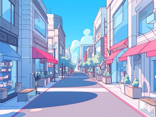 rue de la ville de dessin animé avec des magasins et des restaurants des deux côtés IA générative