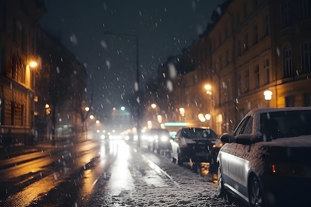 Rue de la ville enneigée avec route glissante et voitures se déplaçant et se garant dans une tempête de neige la nuit