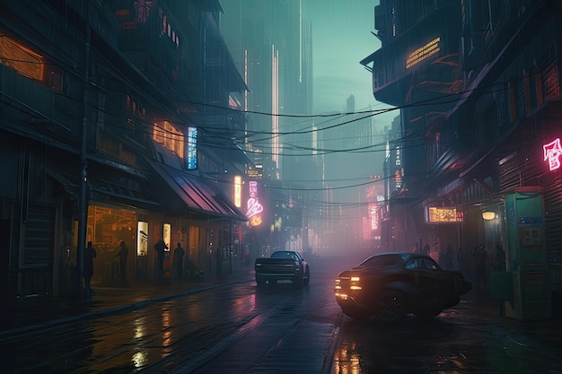 Une rue de la ville avec des enseignes au néon qui disent "cyberpunk"