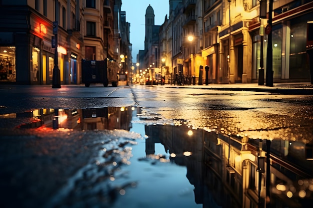 Une rue de la ville avec une flaque réfléchissante sur le sol