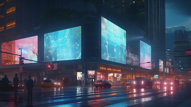 Une rue de la ville avec un grand écran qui dit "le mot art" dessus