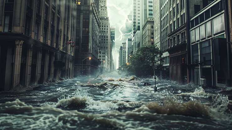 Photo une rue de la ville inondée d'eau avec des bâtiments en arrière-plan et un éclair dans le ciel