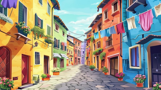 Photo rue de ville italienne avec des maisons colorées illustration de dessin animé moderne d'une rue européenne traditionnelle perspective rue pavée de pierre blanchisserie sur des balcons décorés de fleurs par une journée ensoleillée