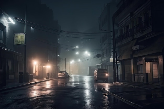 Rue de la ville de Lofi la nuit avec éclairage dramatique et brouillard