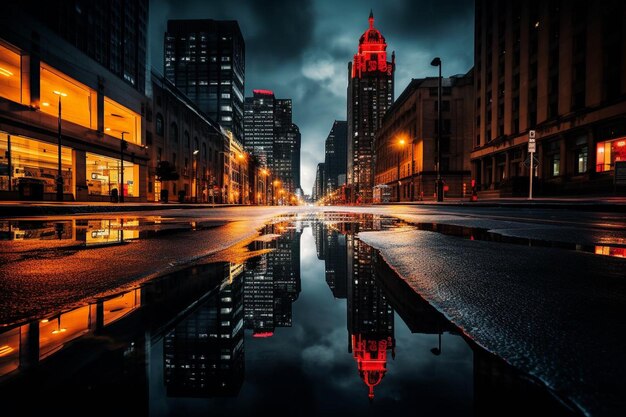 une rue de la ville avec un lumière rouge et un bâtiment avec une lumière rouge