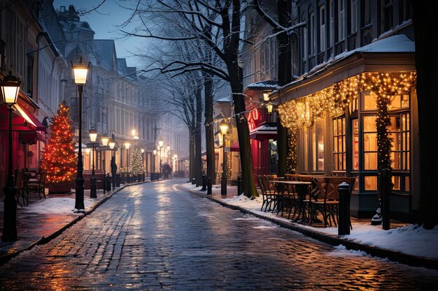 une rue de la ville la nuit avec des lumières de Noël sur les arbres et les bâtiments au loin sont des trottoirs couverts de neige