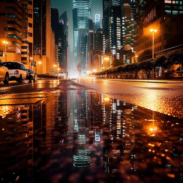 Une rue de la ville la nuit avec un paysage urbain et un taxi.