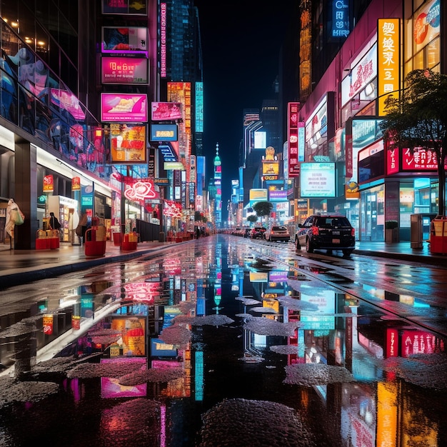 Photo une rue de la ville occupée la nuit avec des lumières au néon et des gratte-ciel