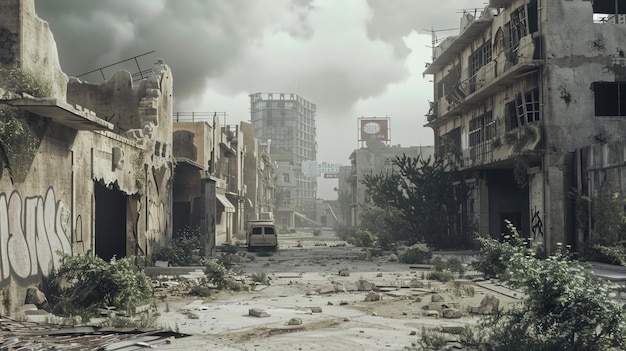Photo une rue de la ville post-apocalyptique avec des bâtiments en ruine et une végétation envahie
