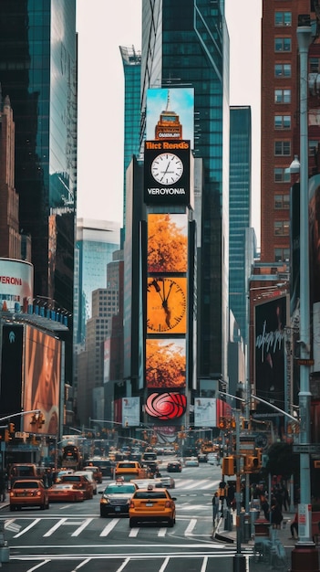 Une rue de la ville remplie de beaucoup de circulation et de grands bâtiments.