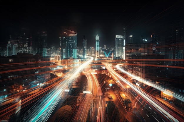 Une rue de la ville remplie de beaucoup de trafic la nuit IA générative