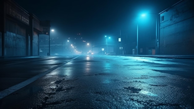 Une rue de ville sombre et pluvieuse éclairée par des lampadaires la nuit Generative ai
