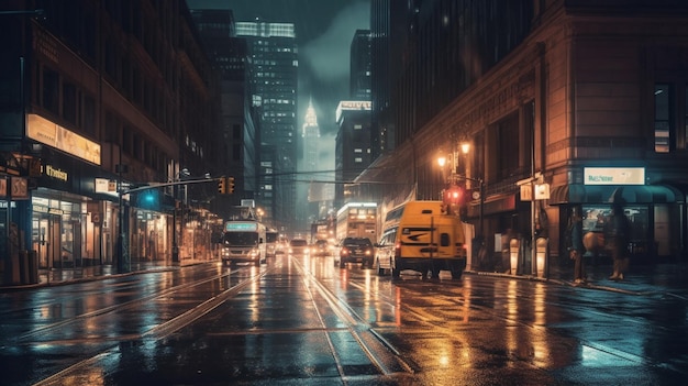 Une rue de la ville sous la pluie avec un panneau qui dit "la ville des lumières"