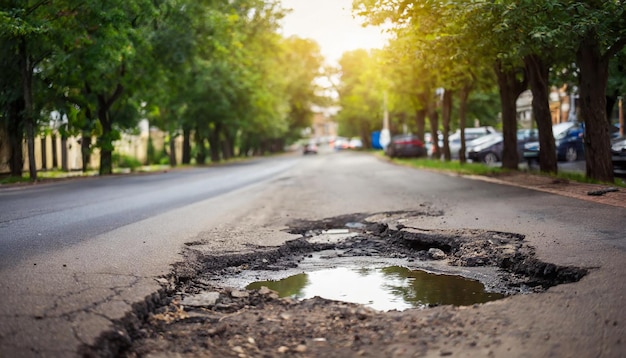 rue de la ville avec des trous révélant l'usure du temps sur le trottoir d'asphalte endommagé