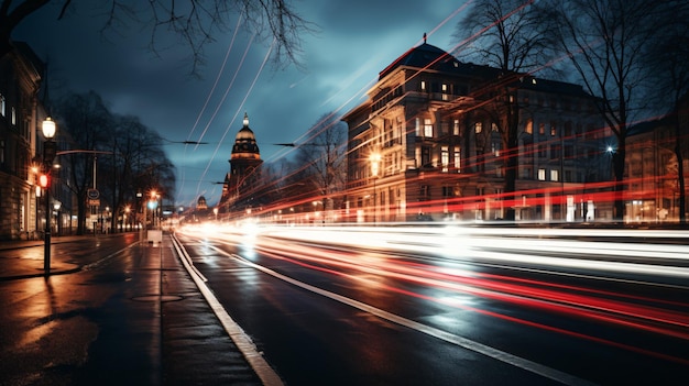 Une rue de la ville avec des voitures et des bâtiments la nuit