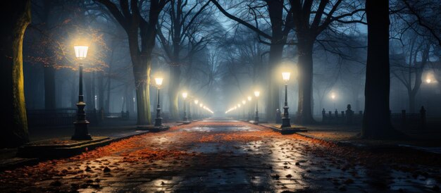 Ruelle brumeuse la nuit avec des lampadaires dans un parc brumeux