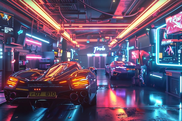 Une ruelle cyberpunk éclairée de néon avec des véhicules futuristes.