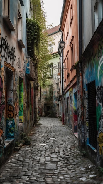 Une ruelle étroite avec des graffitis sur les murs et un bâtiment avec un arbre vert en arrière-plan.