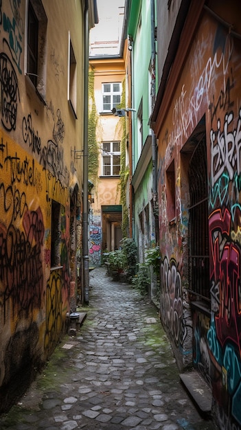 Une ruelle étroite avec des graffitis sur les murs et un bâtiment vert avec les mots « bon » sur le côté gauche.