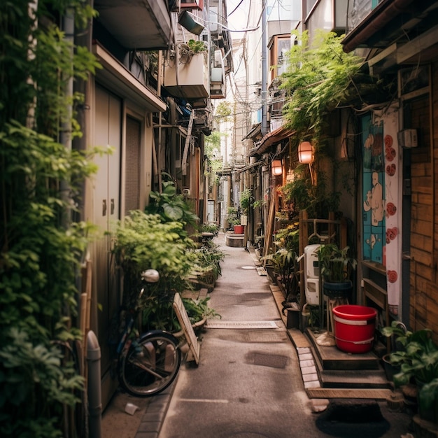 une ruelle étroite avec un vélo et un pot avec des plantes dessus