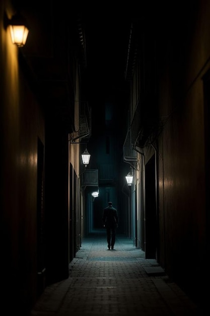 Une ruelle faiblement éclairée avec une figure qui se cache dans l'ombre.