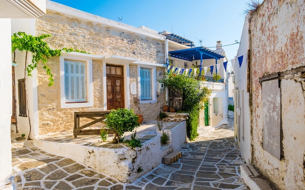 Ruelle avec maisons en pierre dans le village de Lefkes