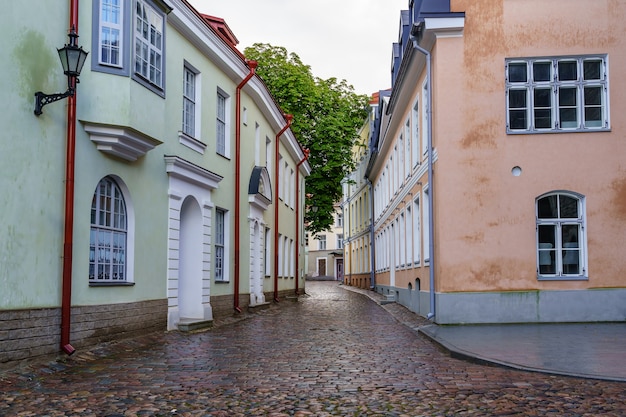 Ruelle pavée de flaques d'eau après avoir plu à Tallinn en Estonie.