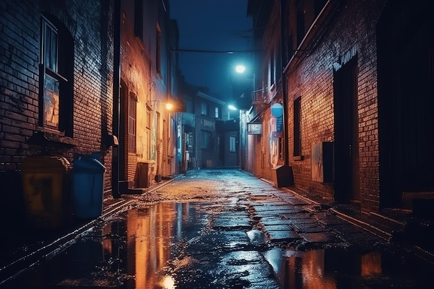 Ruelle de la rue arrière avec de vieilles maisons de ville sous la pluie la nuit Ai Ruelle sombre vide