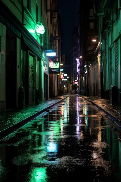 Une ruelle sombre avec une enseigne au néon qui dit "l'enseigne au néon"