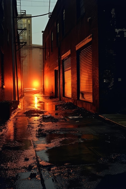 Une ruelle sombre avec un feu rouge au bout