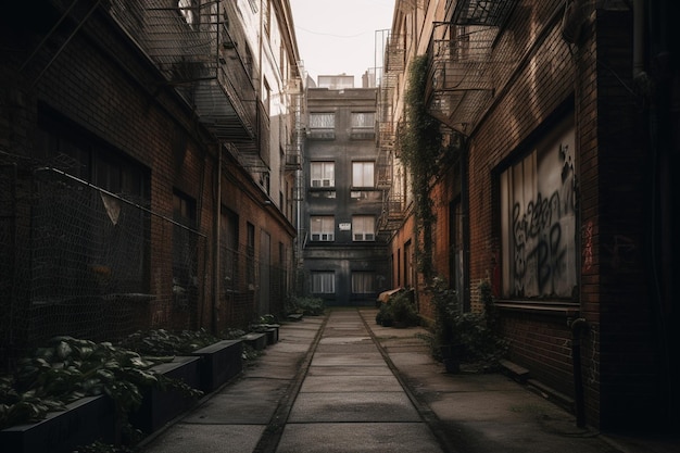 Une ruelle sombre avec un graffiti disant vivre la vie