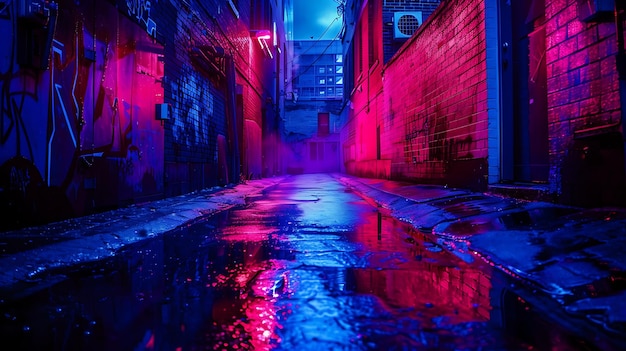 une ruelle sombre avec une lumière rouge et bleue et un mur de briques sombres