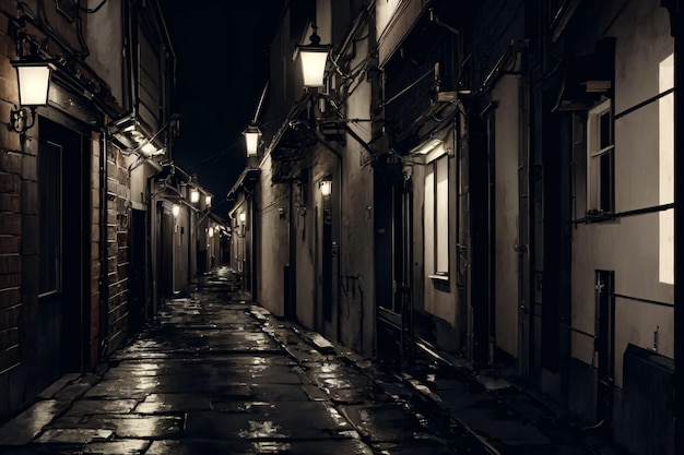 Une ruelle sombre avec des lumières sur le côté