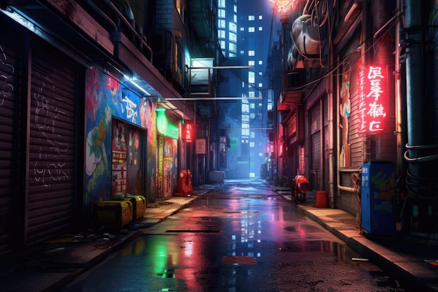 Ruelle de la ville avec néons Vue nocturne d'une rue calme Generative AI