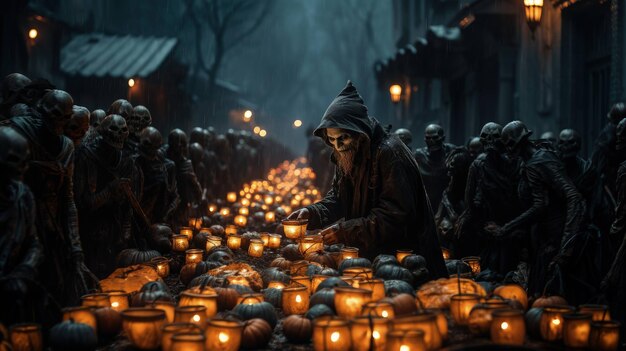 ruelles hantées zombies lanternes et citrouilles d'halloween