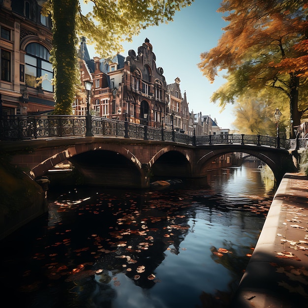 rues d'Amsterdam avec Grachten et ponts dans une belle atmosphère d'automne journée ensoleillée