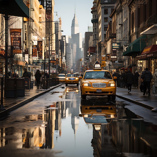 Les rues animées de New York avec des taxis jaunes qui klaxonnent et des gens qui se pressent le long des trottoirs