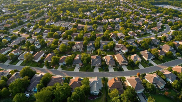 Des rues bien bordées présentent des biens immobiliers de banlieue avec des maisons hypothécaires en vue aérienne