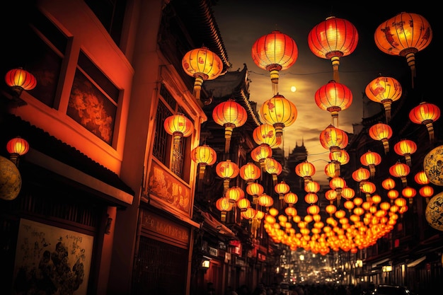 Rues chinoises décorées de nombreuses lanternes allumées pour le Nouvel An chinois