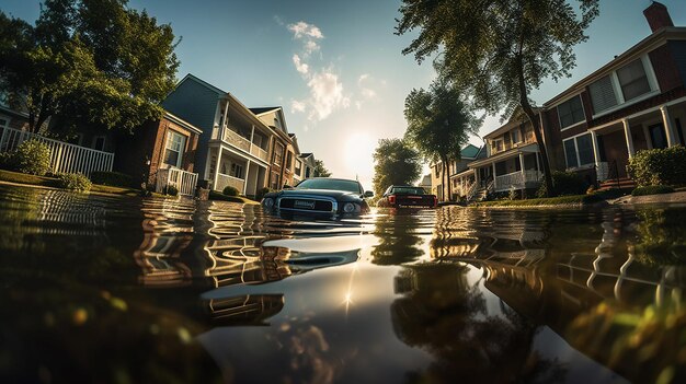 Photo rues et maisons inondées par l'eau inondations catastrophes naturelles