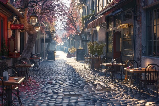 Photo des rues pavées charmantes bordées de cafés et