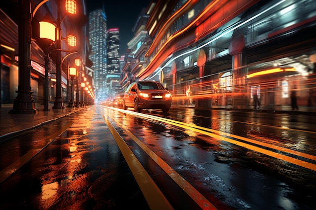 Les rues s'animent avec des traînées lumineuses capturant l'énergie dynamique du trafic