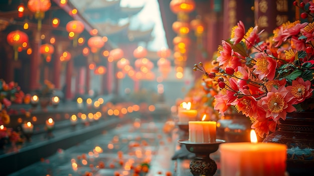 Photo les rues et les temples sont décorés de fleurs et de lampes le jour de vesak pour célébrer la naissance, l'illumination et la mort de bouddha.