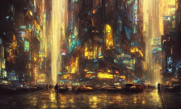 Rues de la ville Cyberpunk Maisons lumineuses et fenêtres de gratte-ciel d'une ville fantastique du futur Signes publicitaires au néon illustration 3d