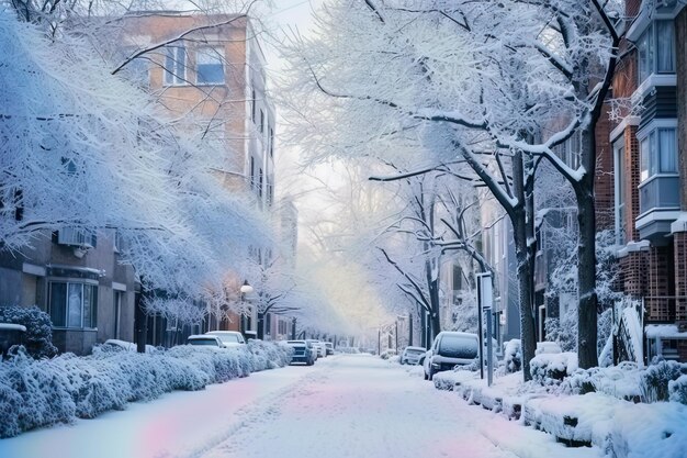 Les rues de la ville gelées et l'horizon enneigé Scène urbaine confortable en hiver