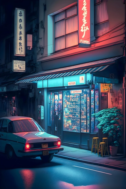 Rues de la ville de Tokyo nuit néons illustration dessinée à la main