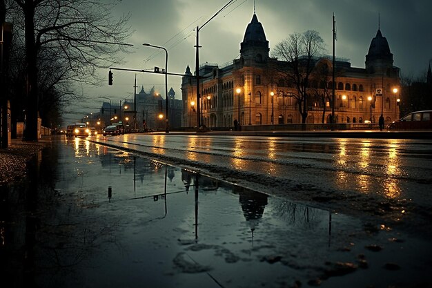 Les rues de la ville trempées par la pluie reflètent les lampadaires.