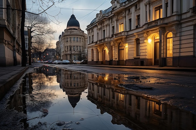 Les rues de la ville trempées par la pluie avec les reflets des bâtiments