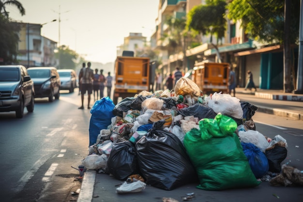 Les rues des villes débordent de conteneurs à ordures, de sacs et de déchets, un défi de pollution des déchets.