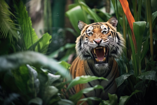 Un rugissement de tigre au loin capturé dans la jungle dense